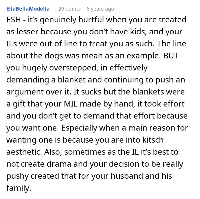 Comment discussing a childfree woman upset about her MIL refusing to make a family quilt and the resulting online reality check. Comment discussing a childfree woman upset about her MIL refusing to make a family quilt and the resulting online reality check.