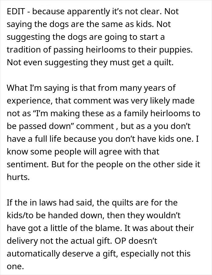 Comment discussing childfree woman upset over MIL refusing to make a family quilt and the online reality check she receives. Comment discussing childfree woman upset over MIL refusing to make a family quilt and the online reality check she receives.