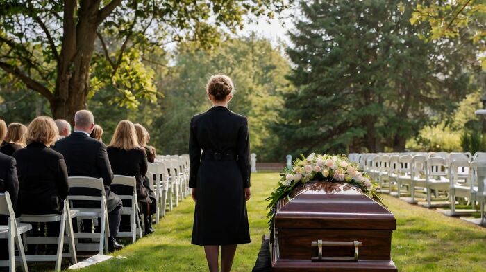 Woman standing near coffin at outdoor funeral ceremony, reflecting on things people would never admit in real life.