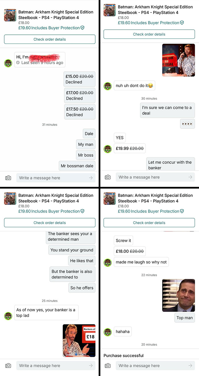 Chat messages negotiating a video game price showing how unhinged online selling can get with funny buyer-seller banter.