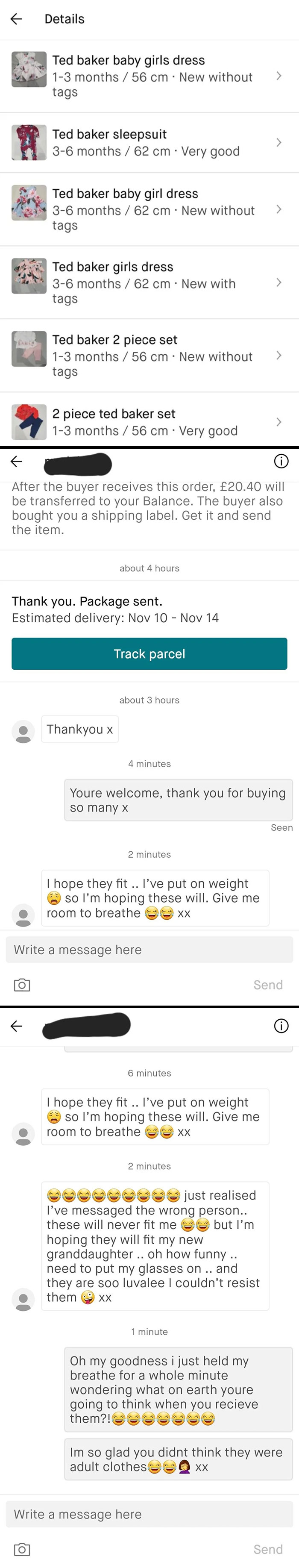 Chat messages on Vinted showing a buyer mistakenly messaging about baby clothes in wild online selling interactions.