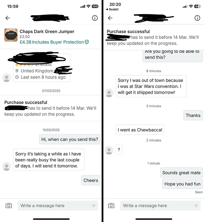 Chat messages from a wild Vinted sale where the seller delays shipping due to attending a Star Wars convention as Chewbacca.