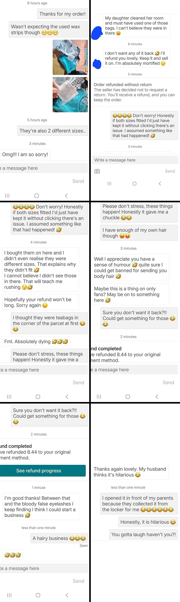 Screenshot of a humorous Vinted conversation about receiving used wax strips and discussing refunds in online selling.