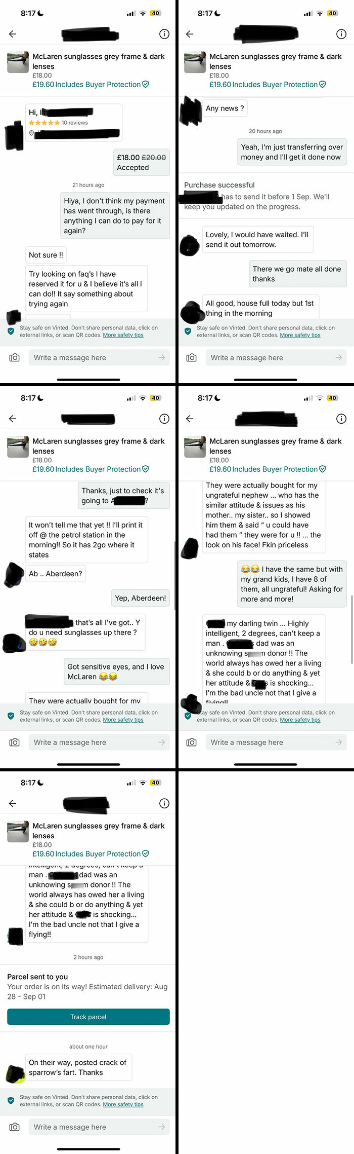 Chat screenshots of buyers and sellers on Vinted negotiating payment and delivery details, showing unhinged online selling behavior.