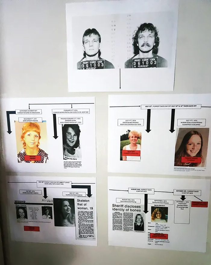 Photo of a crime timeline board showing images and notes related to a teen's survival story in a homicide spree.