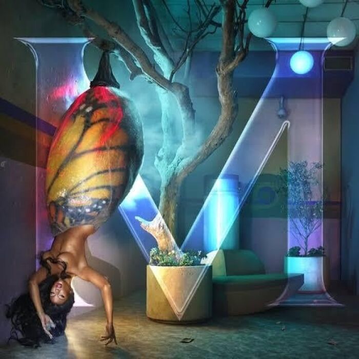 Woman emerging from a colorful butterfly chrysalis in an artistic and surreal worst album cover design.