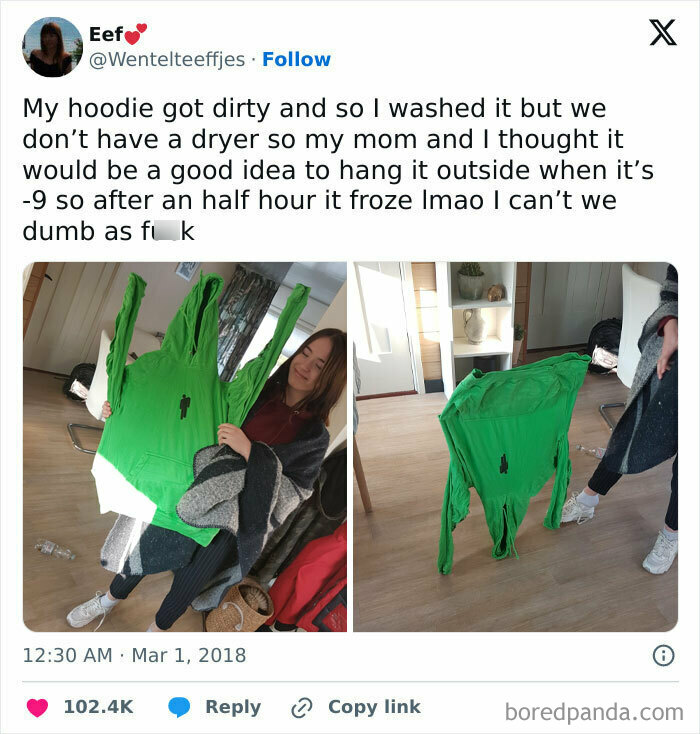 Teen holding a frozen green hoodie shaped like a person after hanging it outside, showcasing funny and wholesome parenting moments.
