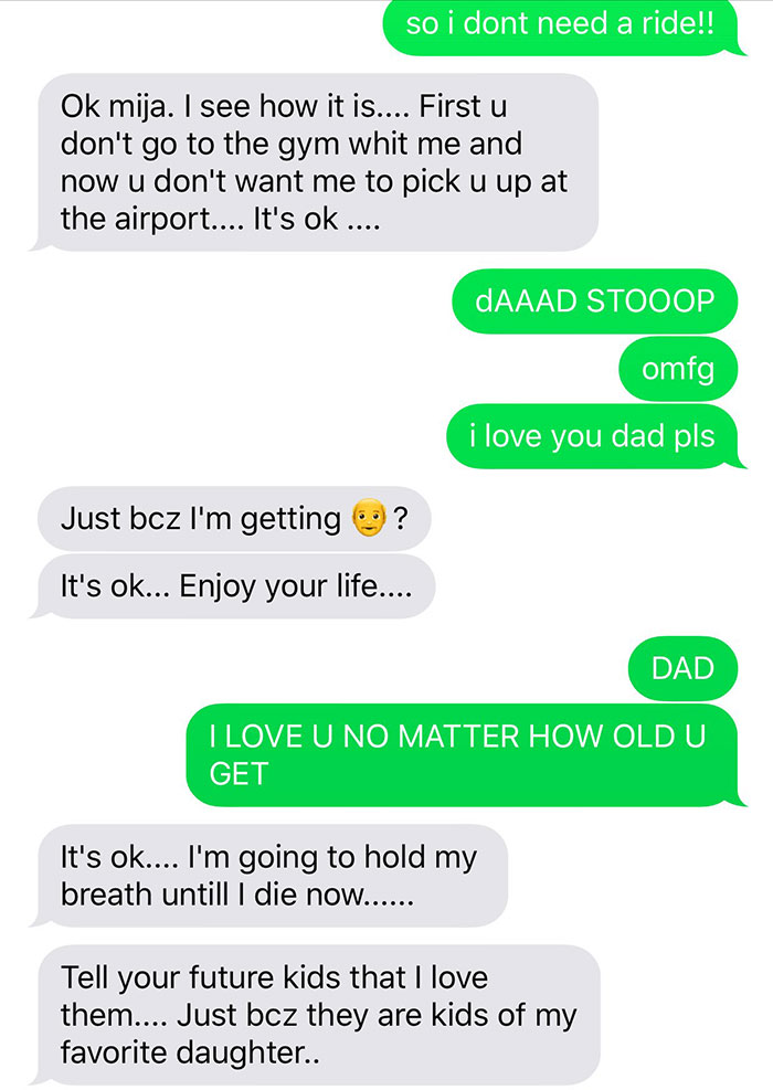 Text message exchange between a funny and wholesome parent and child sharing loving and humorous moments.