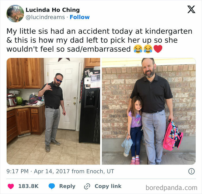 Dad humorously picking up daughter from kindergarten after accident, showing funny and wholesome parent moments shared by kids.