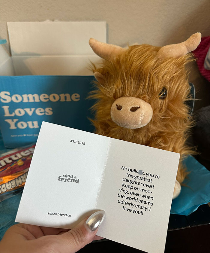 Stuffed bull plush with a funny and wholesome card from parents, shared by kids in a lighthearted moment.