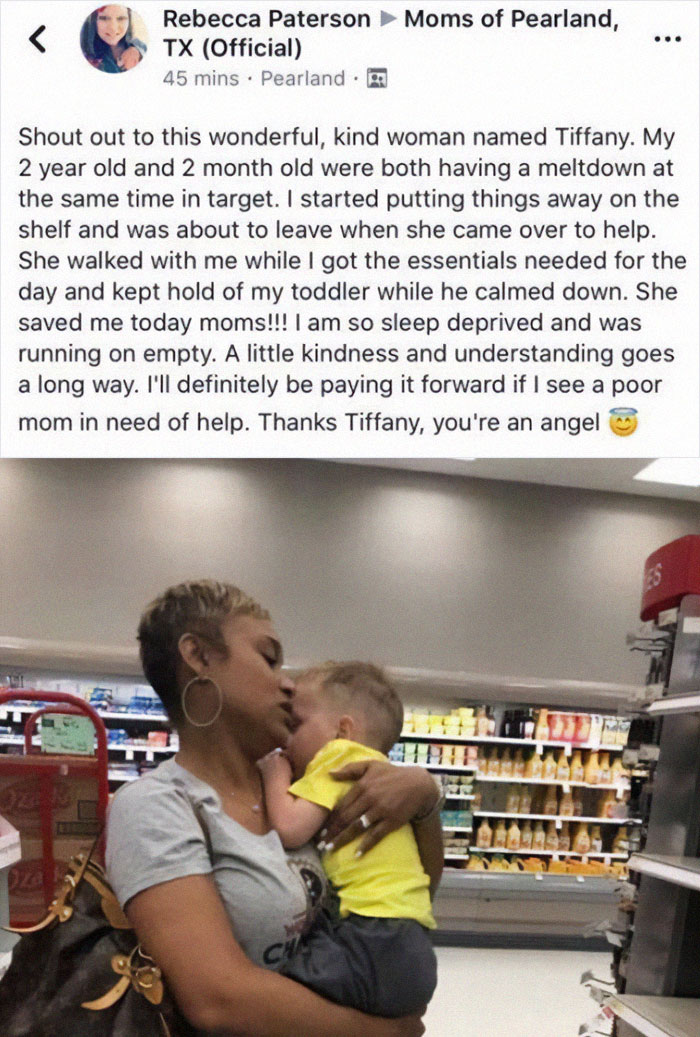 Kind woman helps mom by comforting toddler during meltdown in store, showcasing wholesome kindness and support.