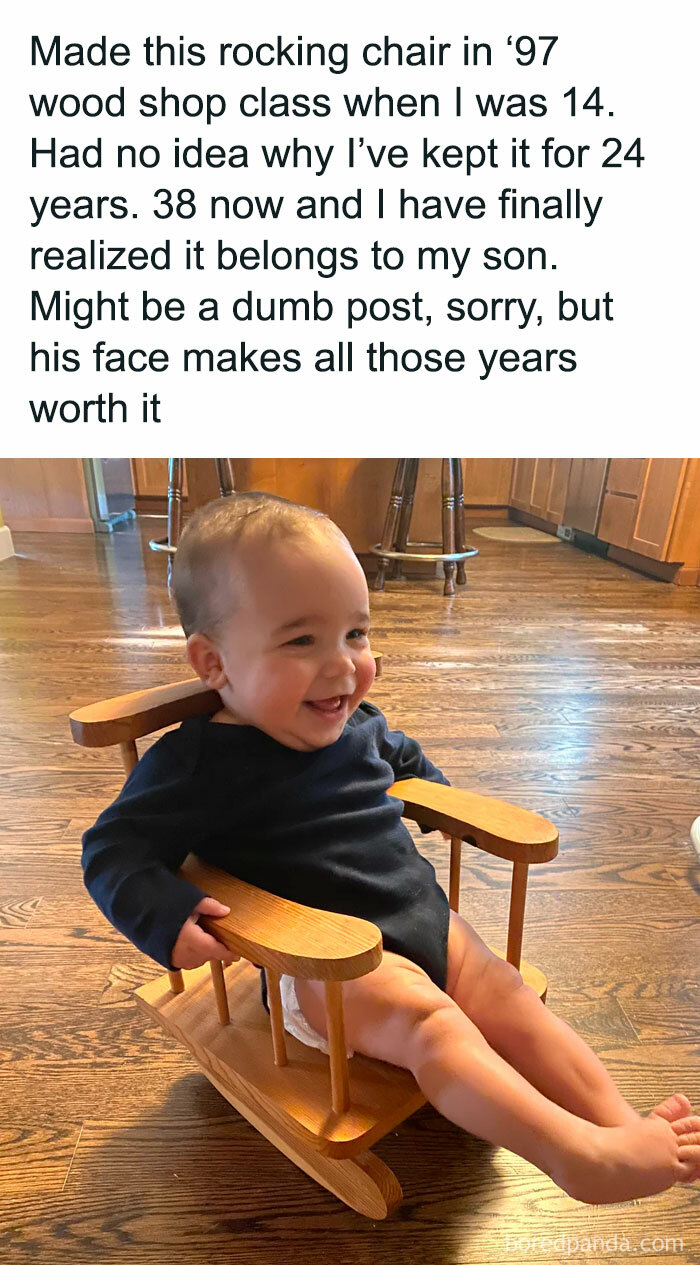 Smiling baby sitting in a wooden rocking chair made years ago, a wholesome post to distract from current world horrors.