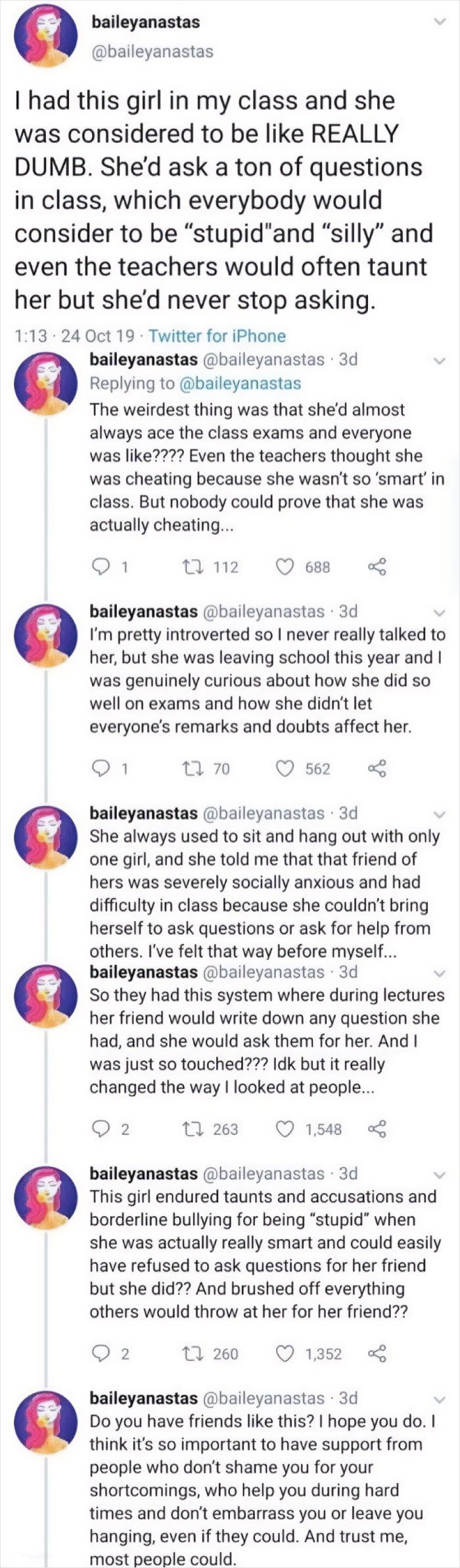 Twitter thread sharing a wholesome story of friendship and support, perfect wholesome posts to distract from world horrors.