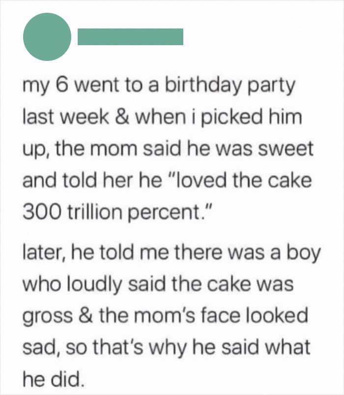 Wholesome post about a child comforting a sad mom by praising a birthday cake with kindness and empathy.