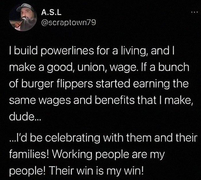 Tweet about building powerlines, earning good union wages, and celebrating working people, from a wholesome posts collection.