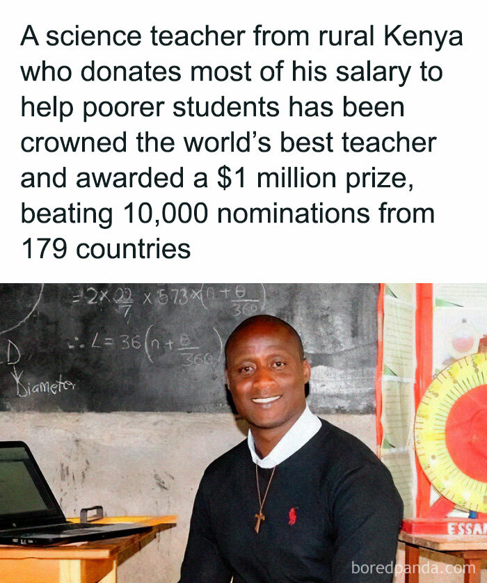 Science teacher from rural Kenya awarded $1 million prize for helping poorer students, featured in wholesome posts to distract.