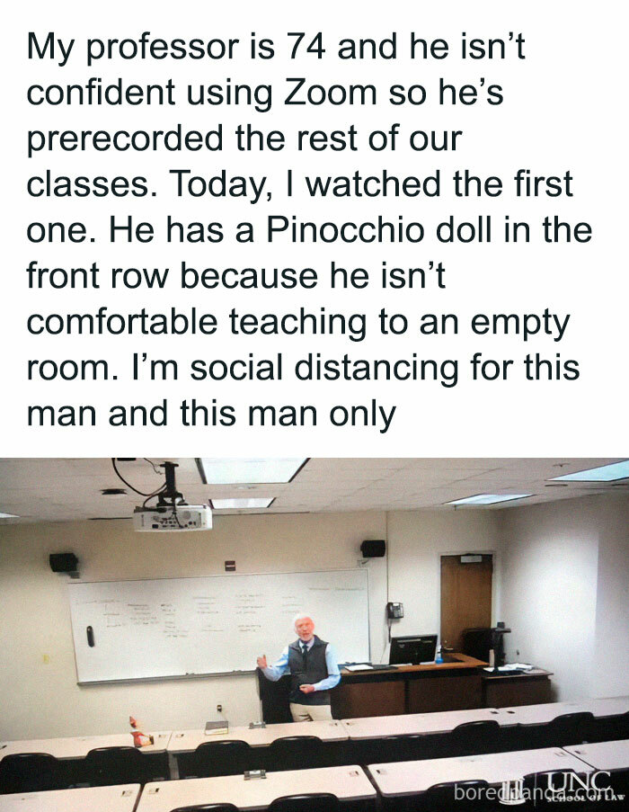 Older professor prerecorded classes with a Pinocchio doll in an empty room to ease teaching anxiety wholesome posts