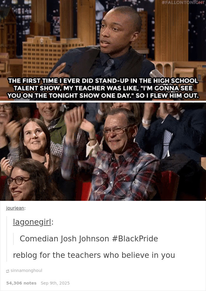 Comedian sharing a high school stand-up story with audience applause in a wholesome post to distract from world horrors.