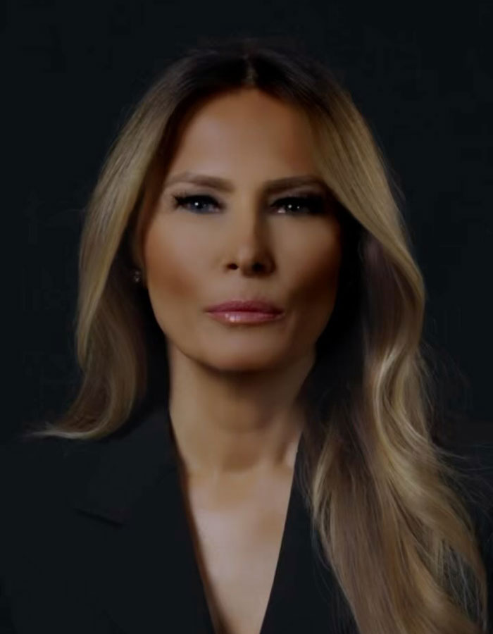 Melania Trump portrait with serious expression, relating to why she didn't curtsy to British royals during state visit. Melania Trump portrait with serious expression, relating to why she didn't curtsy to British royals during state visit.