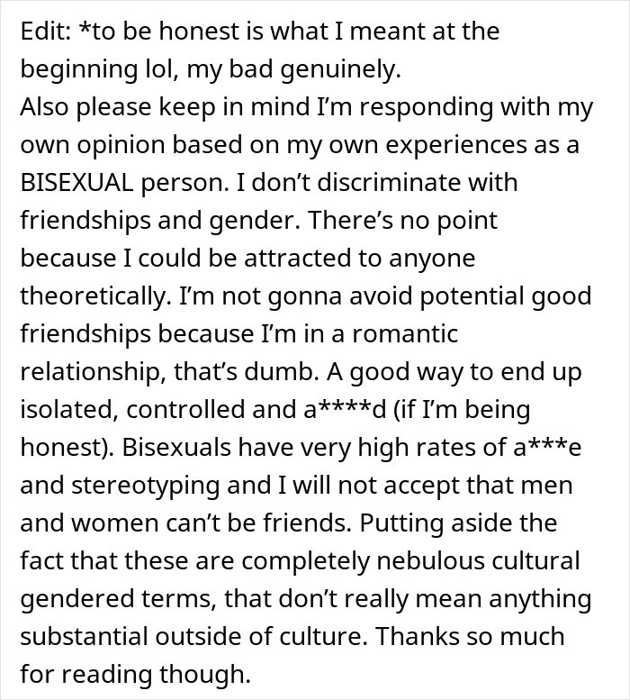 Text post discussing bisexuality, friendships, and questioning boundaries after a husband runs with a divorced mom.
