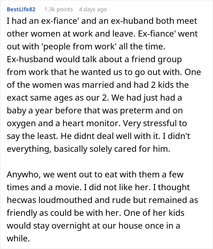 Online discussion post about a woman questioning boundaries after her husband goes running with a divorced mom.