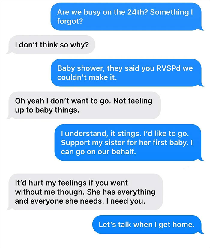 Text message exchange showing wife's reaction to husband attending sister&rsquo;s baby shower causing emotional tension.
