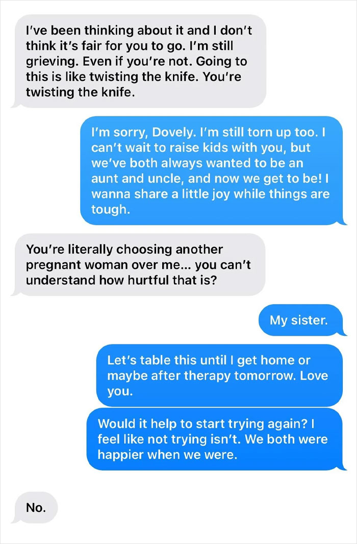 Text message exchange showing wife upset about husband attending sister&rsquo;s baby shower, highlighting need for therapy.