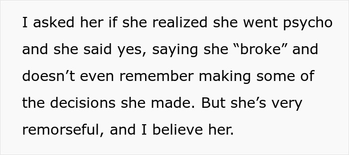 Text excerpt explaining remorseful reaction related to wife&rsquo;s response to husband attending his sister&rsquo;s baby shower.
