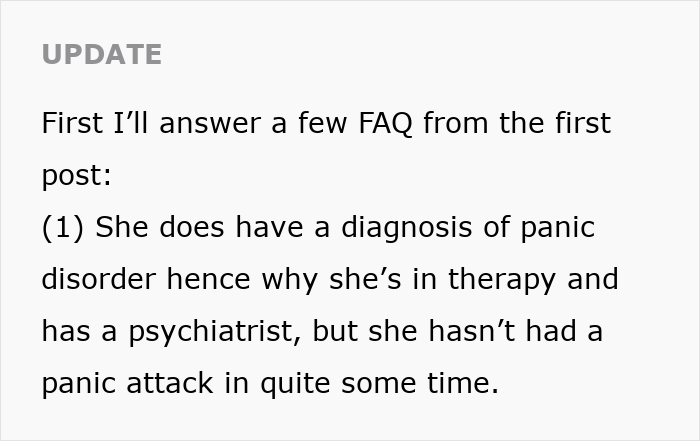 Text update explaining wife&rsquo;s diagnosis and therapy for panic disorder after husband attended sister&rsquo;s baby shower.