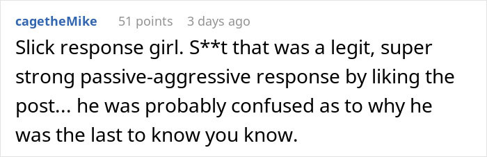Screenshot of a social media comment discussing passive-aggressive response related to man worrying about wife's petty drama affecting his job.