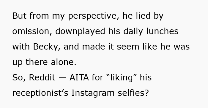 Text discussing a man worried about petty drama affecting his job and the impact on his marriage.