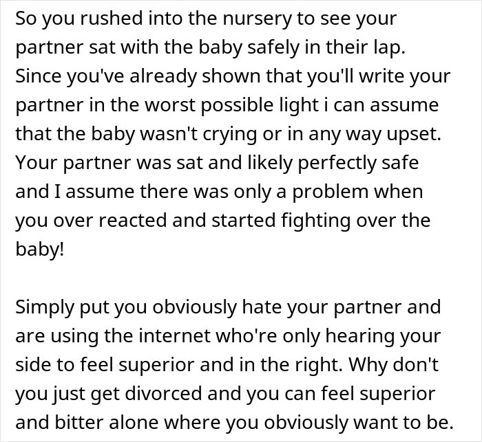 Text excerpt discussing a mom banning husband from nursery, highlighting relationship issues and safety concerns with the baby. Text excerpt discussing a mom banning husband from nursery, highlighting relationship issues and safety concerns with the baby.