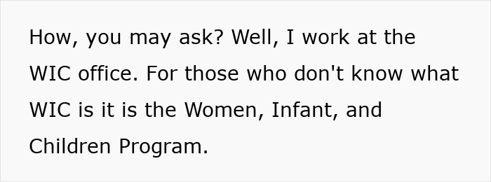 Text explaining WIC Program as Women, Infant, and Children Program while woman sets up WIC profile at work.