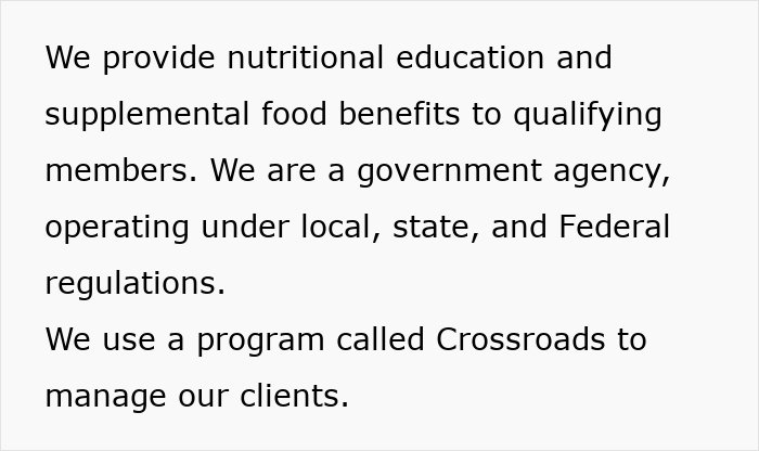 Text about a government agency providing nutritional education and WIC benefits using Crossroads to manage clients.