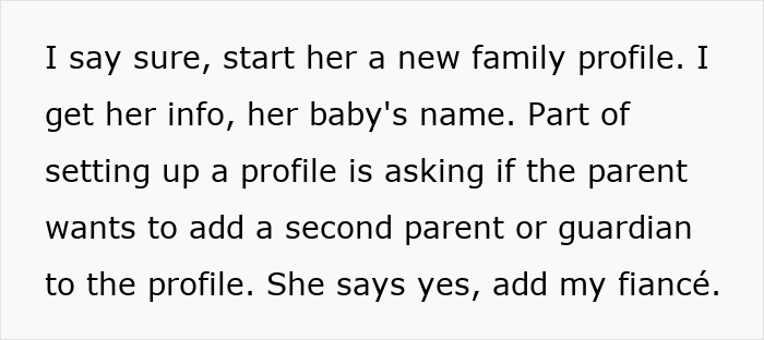 Alt text: Text excerpt revealing a woman setting up a WIC profile and learning about her husband&rsquo;s affair baby.