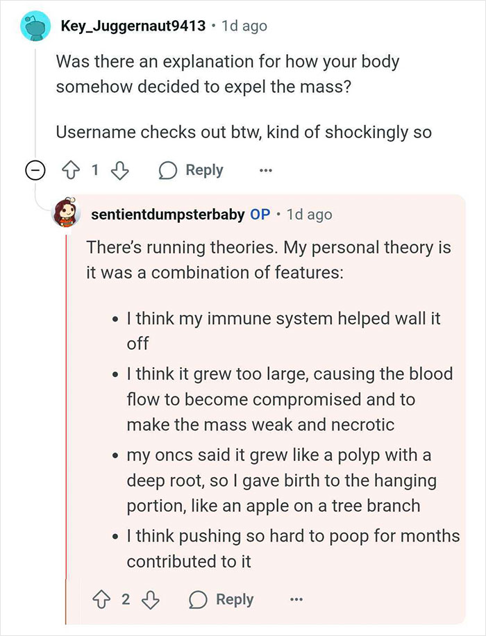 Reddit conversation discussing a woman’s immune system and tumor growth after thinking she was pregnant.