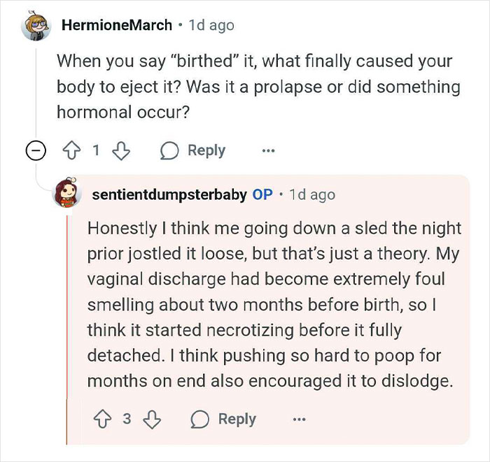 Reddit user explains how she accidentally birthed a tumor, describing symptoms and possible causes in detail.