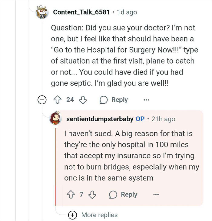 Reddit conversation about woman who thought she was pregnant but gave birth to a tumor, discussing medical and legal concerns.
