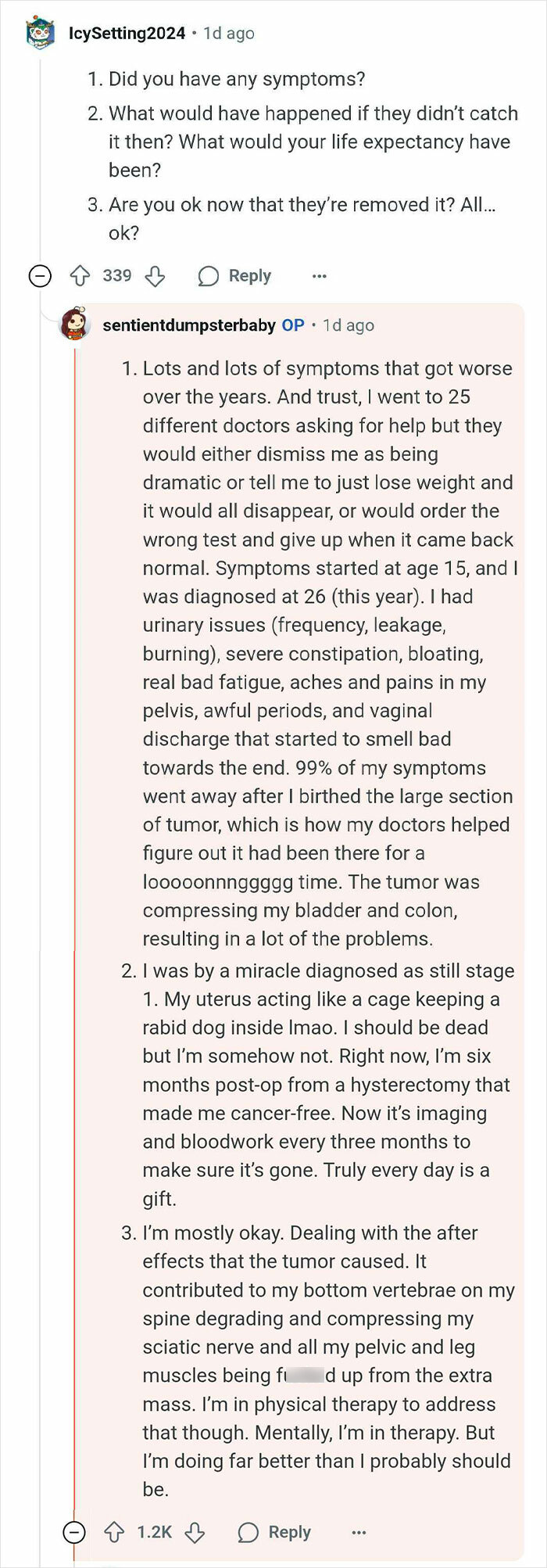 User asking and answering 40 questions about symptoms and recovery after giving birth to a tumor instead of a baby.