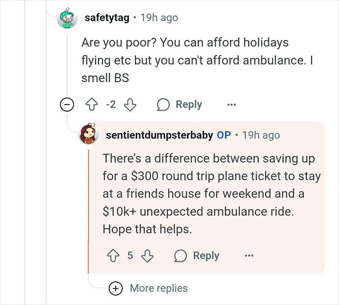 Reddit conversation discussing the difference between affording holidays and unexpected ambulance costs.