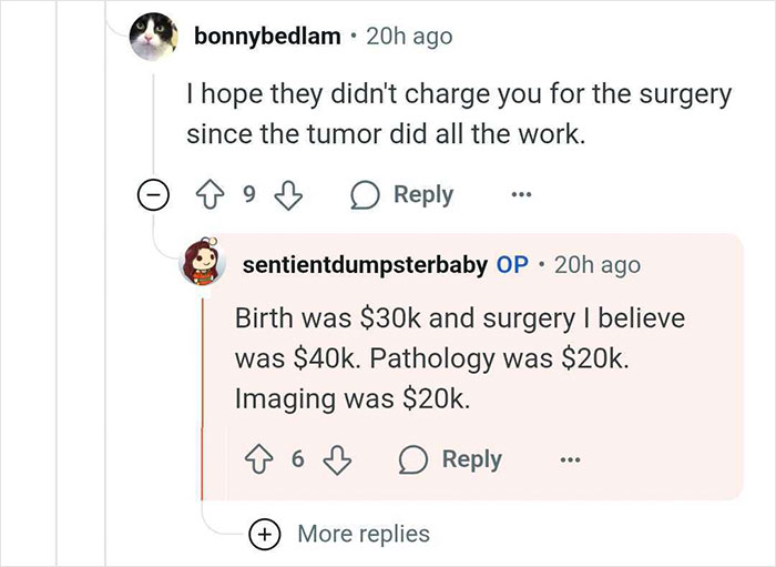 Reddit user discussing high medical costs after giving birth to a tumor instead of a baby.
