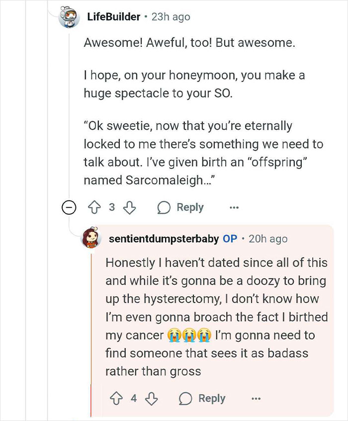 Reddit users discuss a woman who thought she was pregnant but gave birth to a tumor, addressing hysterectomy and cancer.