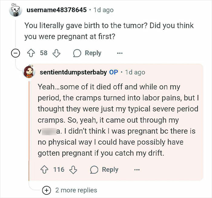 Reddit conversation about woman thinking she's pregnant but gives birth to a tumor, describing symptoms and disbelief about pregnancy.