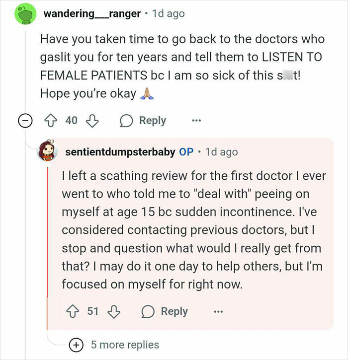 Reddit conversation about a woman misdiagnosed by doctors, sharing her experience with a tumor instead of pregnancy.
