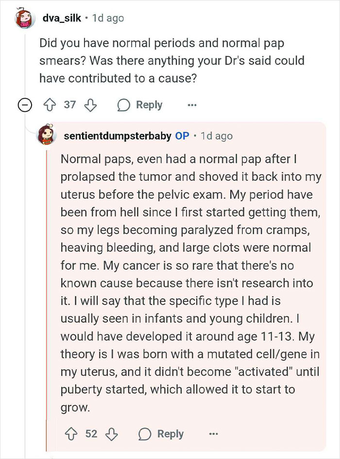 Reddit user explains normal pap smears despite tumor prolapse and rare uterine cancer symptoms and growth theory.