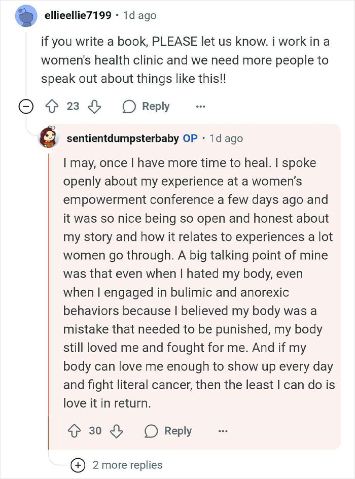 Reddit conversation about a woman’s health journey with a tumor mistaken for pregnancy, discussing healing and empowerment.