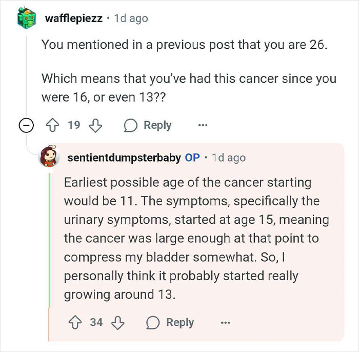 Reddit conversation about cancer symptoms starting in early teens, discussing tumor growth compressing bladder.