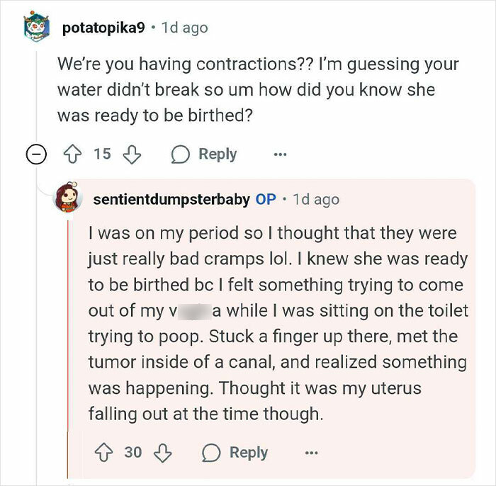 Screenshot of a conversation about a woman thinking she was pregnant but giving birth to a tumor instead.