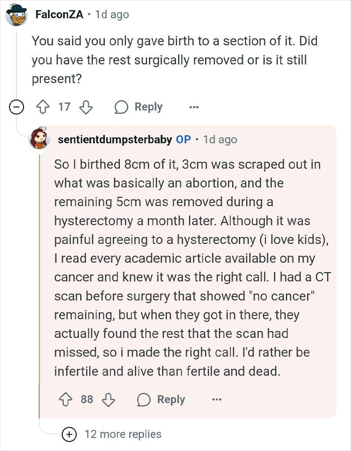 Reddit user discusses giving birth to a tumor, undergoing hysterectomy, and cancer treatment decisions.