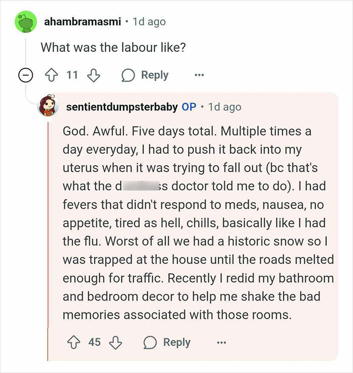 Woman shares experience of giving birth to a tumor, describing labor, symptoms, and recovery in detail.